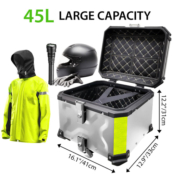 VOKKA Motorcycle Top Box, 65L Aluminium Alloy Waterproof Dustproof and Anti-Theft, Luggage Box for Storage Helmet, Motorbike Top Case with Backrest and Baseplate (Silver)