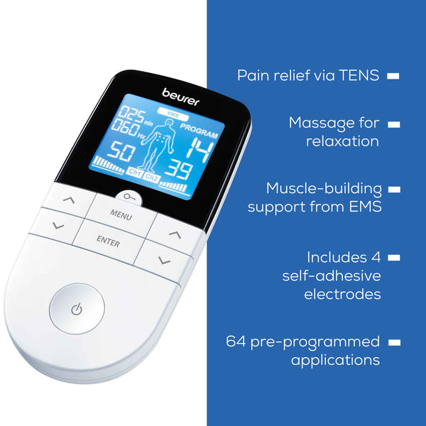 Beurer EM59 Digital TENS/EMS Device with Heat, 4-in-1 stimulation device for pain therapy, muscle stimulation, massage and heat therapy, 4 electrodes, 70 programmes, 50 intensity levels