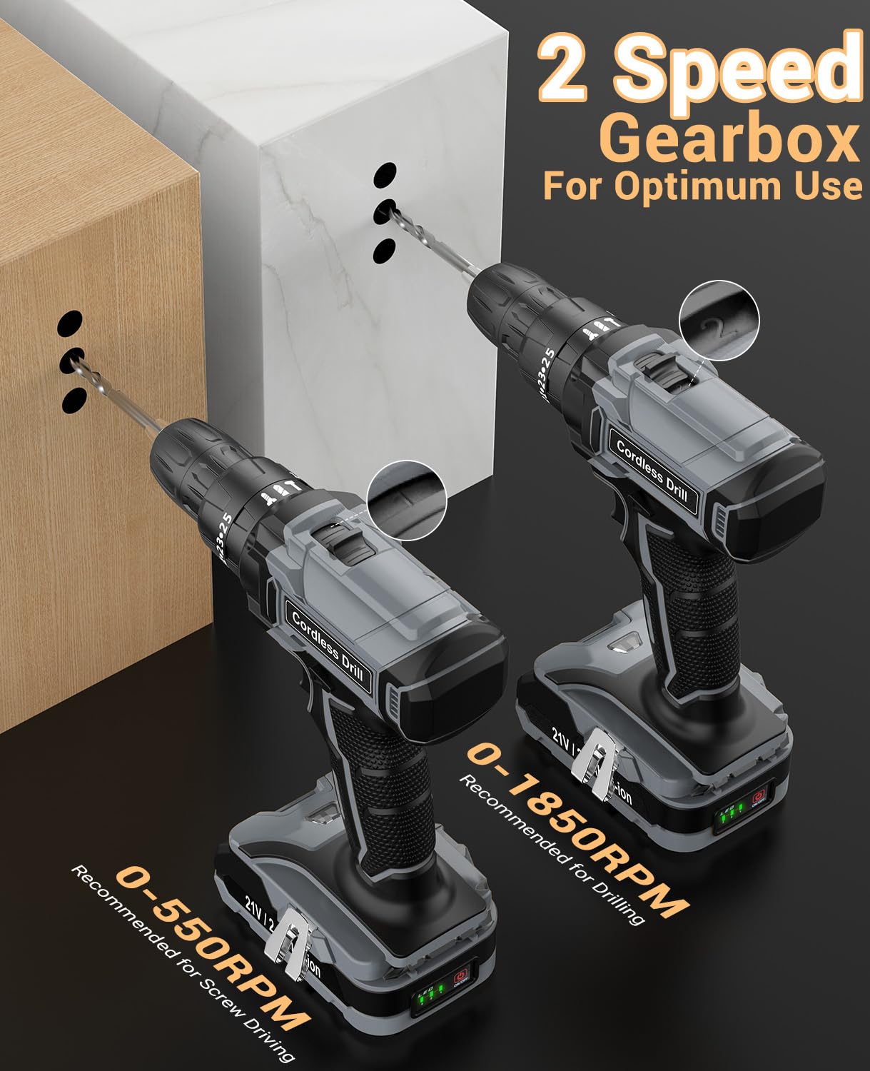 DYJPOW Brushless Cordless Hammer Drill Driver 21V, 2 Batteries 2000mAh, 20+3 Torque, 45N.m Max, 14PCS Drill Bits, 2 Speed, LED Light for Home, Garden DIY