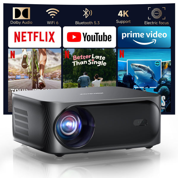 Smart 4K Projector, 30000 Lumen iSinbox WiFi6 Bluetooth Portable Projectors with Netflix App Audio, FHD 1080P with Electric Focus 4P Keystone, 100%-50% Zoom for Bedroom/Outdoor