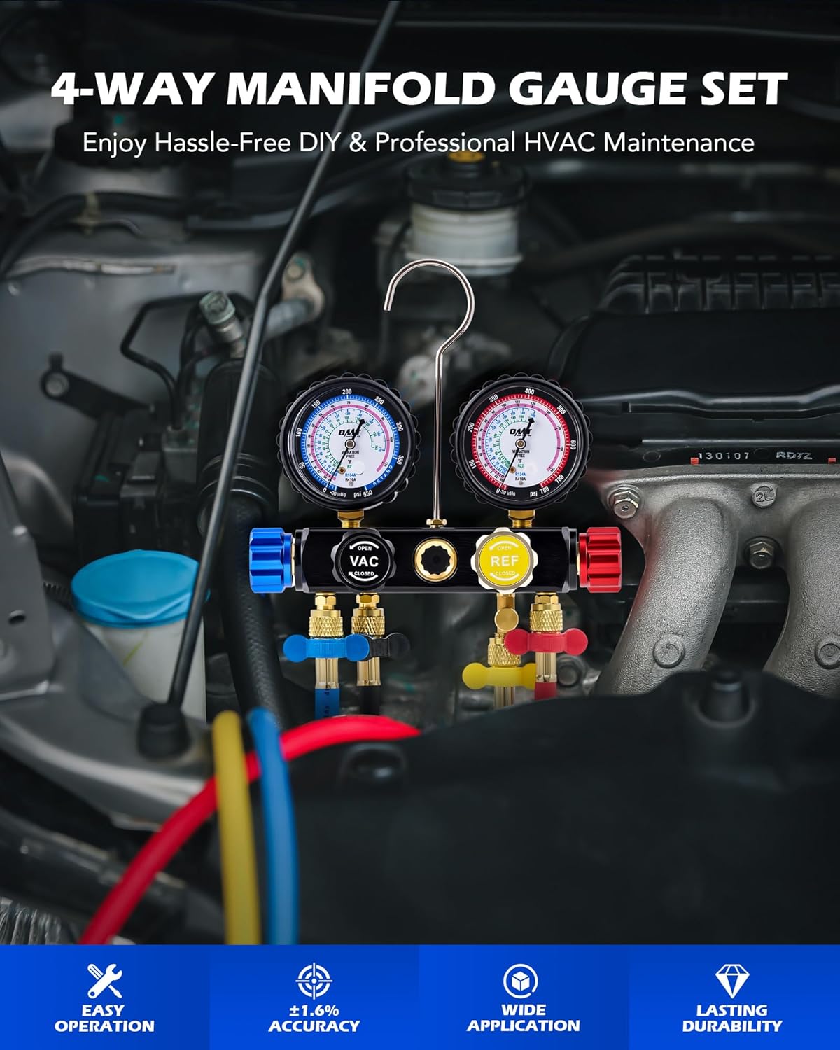 Orion Motor Tech AC Manifold Gauge Set for R410a R22 R134a Refrigerant, 4 Valve Automotive AC Gauge Set with Antishock Gauges Hoses Couplers Adapters, Puncturing Can Tap Freon Recharge Kit, Black Case