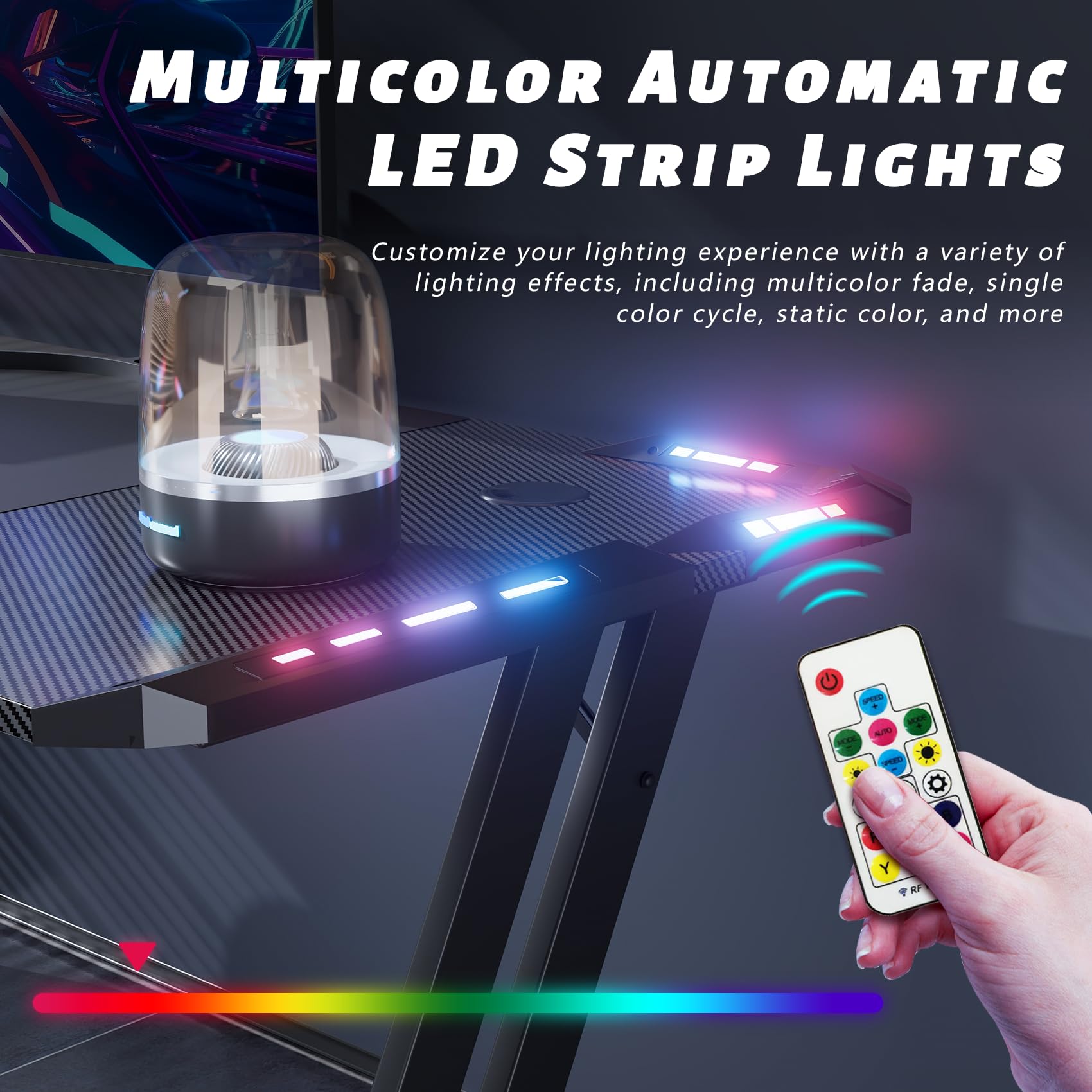 DLONGONE 120 x 60cm RGB Gaming Desk, Large Gaming Table for Laptop, Home Office Desk with Carbon Fiber Coated, Gaming PC Desk with Headphone Hook and