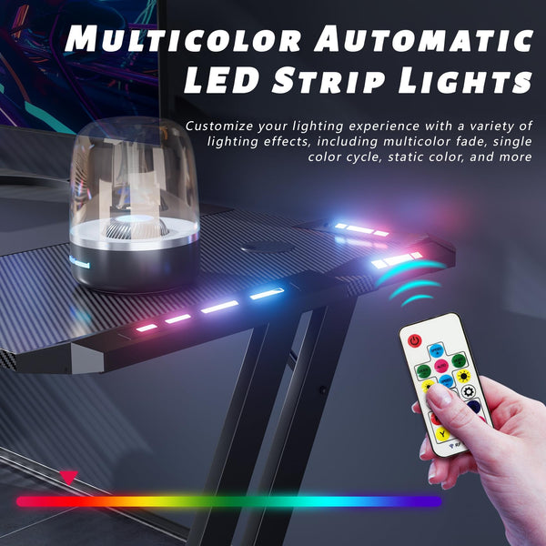 DLONGONE 120 x 60cm RGB Gaming Desk, Large Gaming Table for Laptop, Home Office Desk with Carbon Fiber Coated, Gaming PC Desk with Headphone Hook and