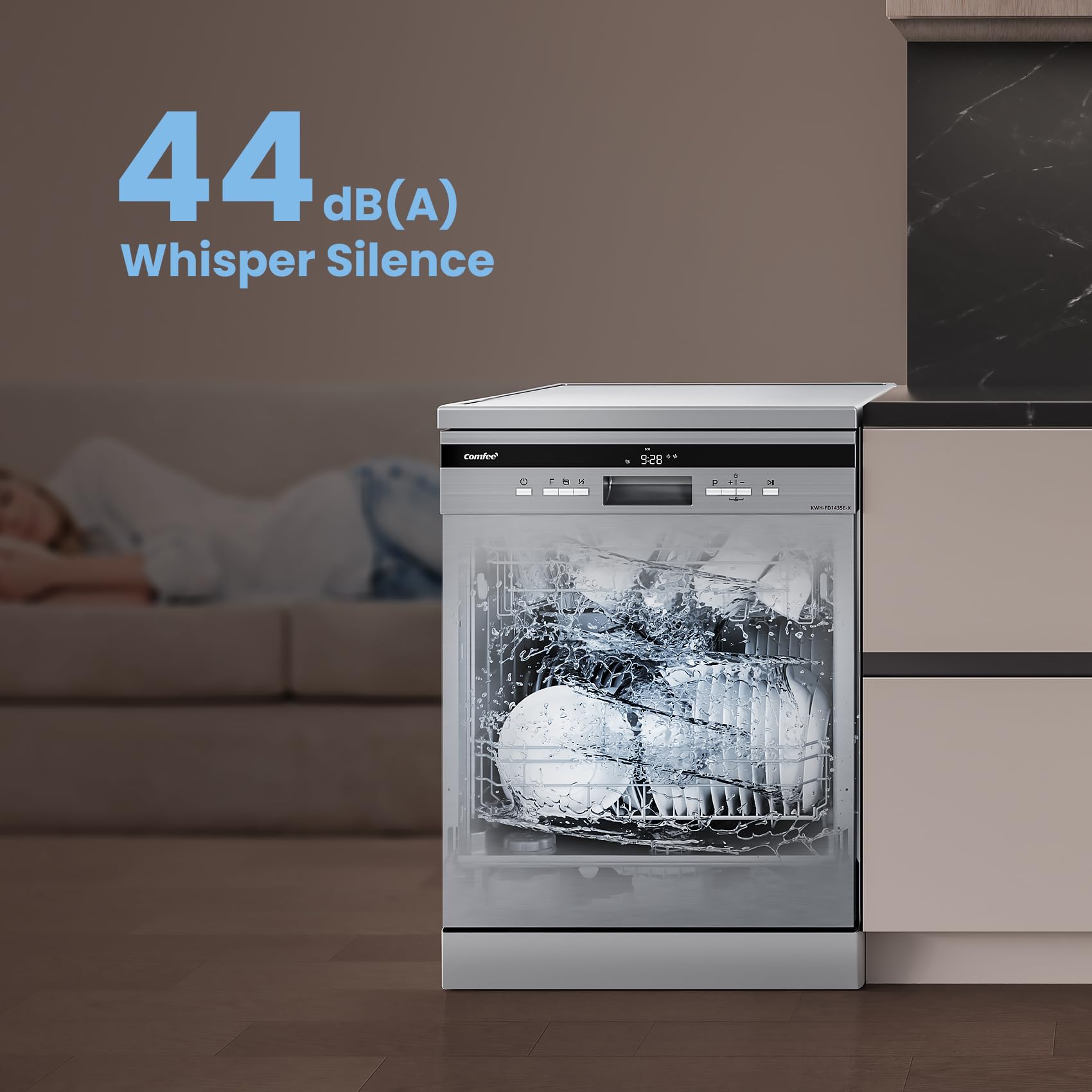 COMFEE' Freestanding Dishwasher CDWEF1034BW-UK 45cm Width, Slimline Dishwasher with 10 place settings, Quick Wash, Hygiene Wash, Delay Start, Half Load, Adjustable Basket - White