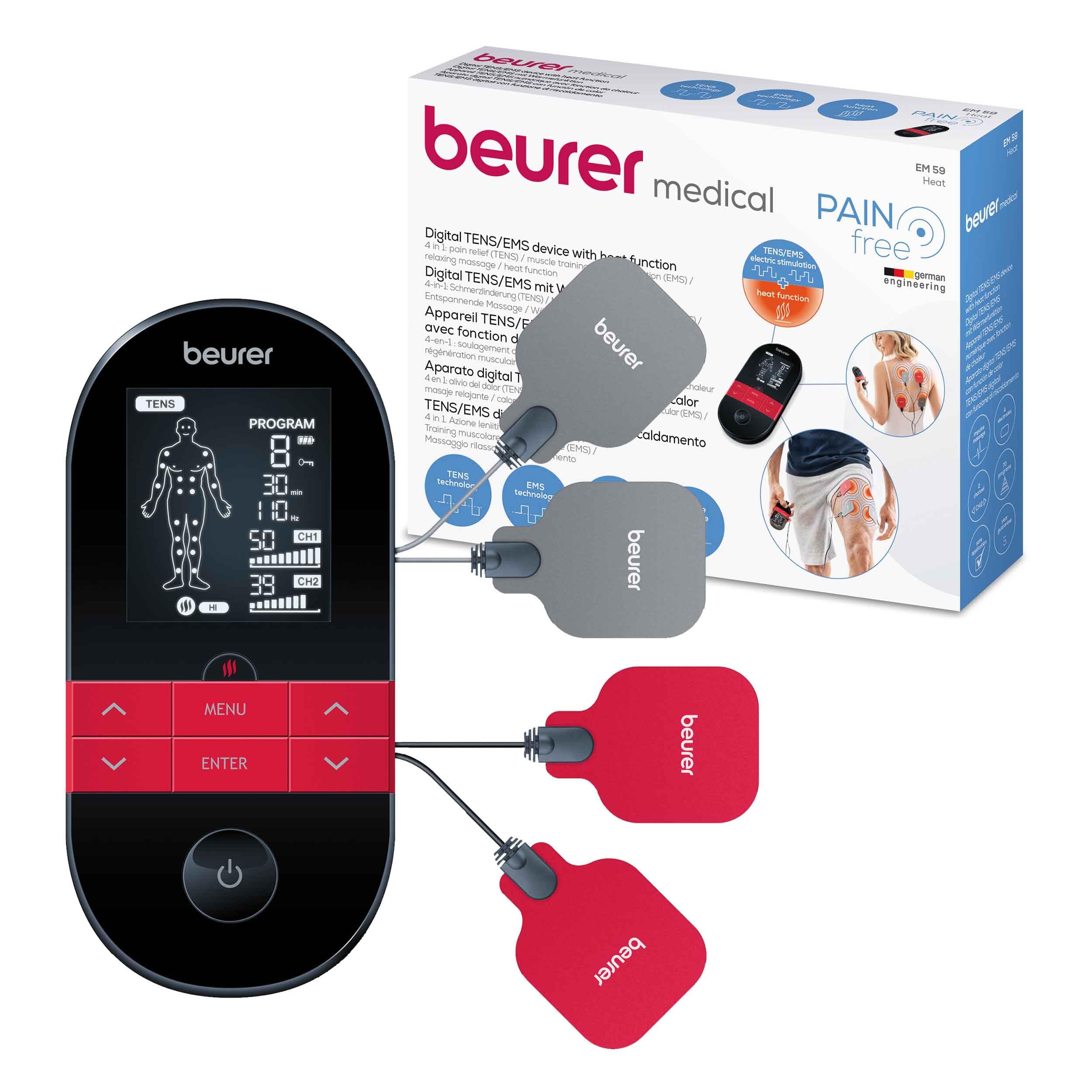 Beurer EM59 Digital TENS/EMS Device with Heat, 4-in-1 stimulation device for pain therapy, muscle stimulation, massage and heat therapy, 4 electrodes, 70 programmes, 50 intensity levels