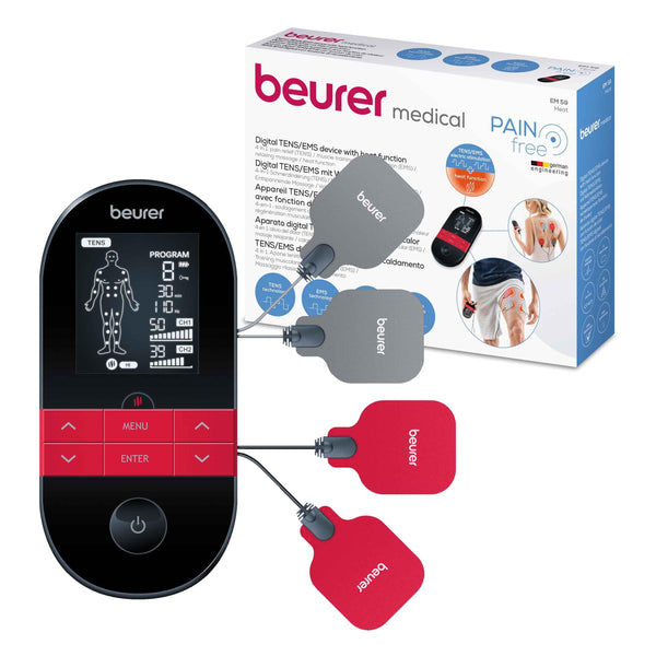 Beurer EM59 Digital TENS/EMS Device with Heat, 4-in-1 stimulation device for pain therapy, muscle stimulation, massage and heat therapy, 4 electrodes, 70 programmes, 50 intensity levels