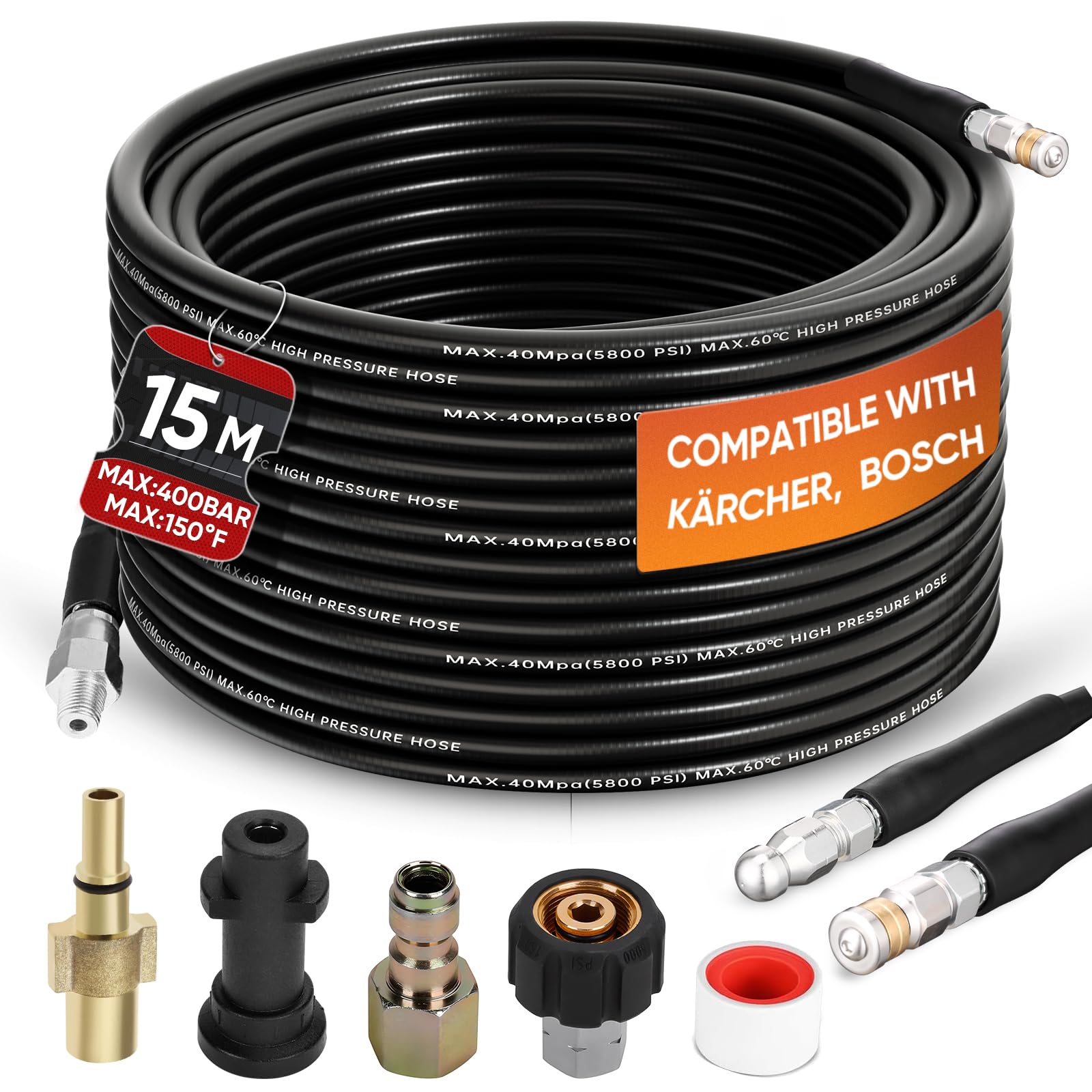 15M/50 FT Drain Jetting Hose - Compatible with Karcher and Bosch Pressure Washer Gun, 400 Bar/5800PSI Drain Jetter for Pressure Washer Gun Includes 4