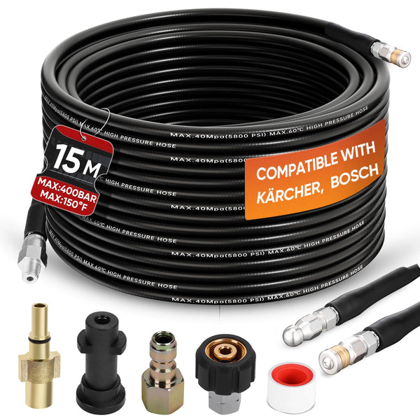15M/50 FT Drain Jetting Hose - Compatible with Karcher and Bosch Pressure Washer Gun, 400 Bar/5800PSI Drain Jetter for Pressure Washer Gun Includes 4