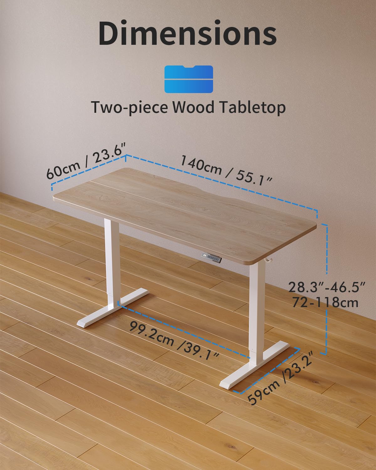 FEZIBO Height Adjustable Electric Standing Desk, 120 * 60 cm Stand up Table, Sit Stand Home Office Desk with Splice Board, White Frame/Maple Top