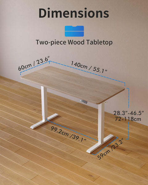 FEZIBO Height Adjustable Electric Standing Desk, 120 * 60 cm Stand up Table, Sit Stand Home Office Desk with Splice Board, White Frame/Maple Top