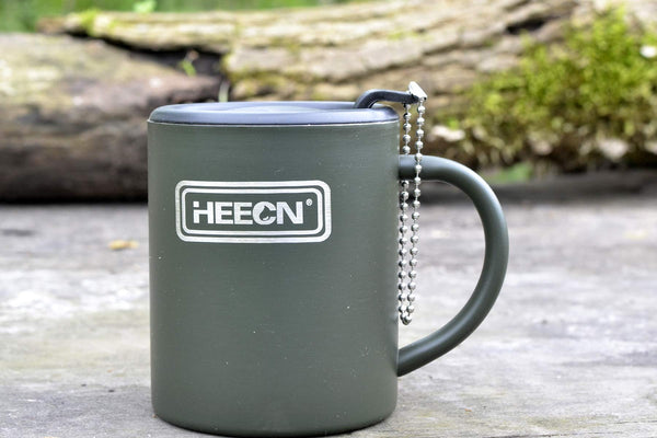 HEECN Camping Mugs - Double Walled Stainless Steel Mug for Hot Drinks with Lid - Army Green - Backpacking – Trekking – Hiking - HESS-038BG (10oz with Rotating lid)