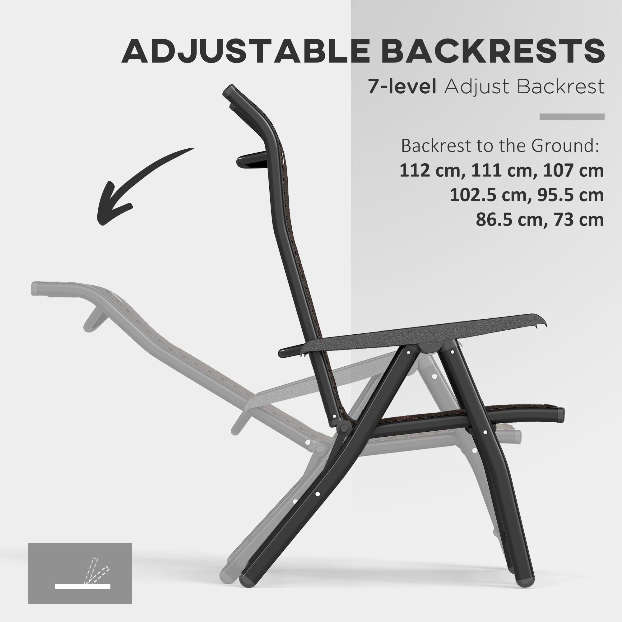 Outsunny Set of 2 Outdoor Wicker Folding Chairs, Patio PE Rattan Dining Armrests Chair set with 7 Levels Adjustable Backrest, for Outdoors, Camping, Brown