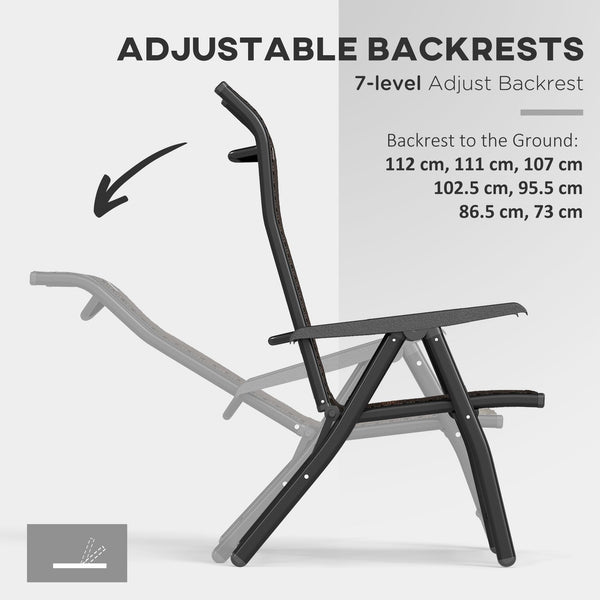 Outsunny Set of 2 Outdoor Wicker Folding Chairs, Patio PE Rattan Dining Armrests Chair set with 7 Levels Adjustable Backrest, for Outdoors, Camping, Brown