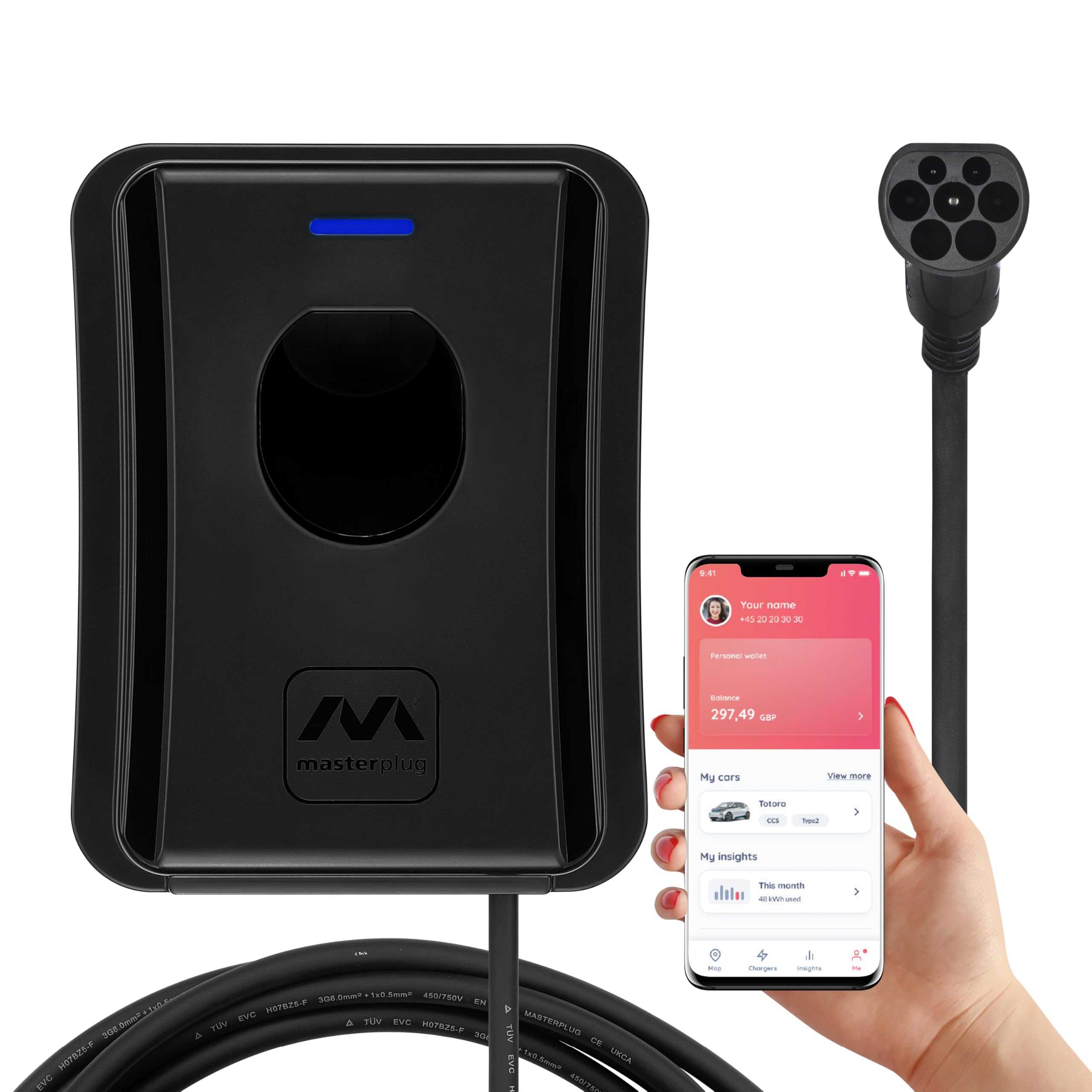 Masterplug Smart EV Home Wall Charger for Type 2 Electric and Plug-In Hybrid Vehicles, Tethered with 5m Cable, Mode 3, App Control, Solar Charging, Single Phase, Black, IP55, 7.4kW, 32A, EVCM3ST7B-MP