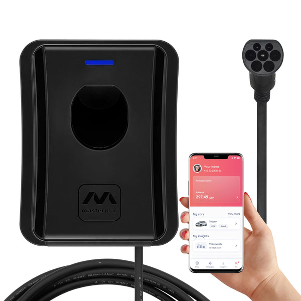 Masterplug Smart EV Home Wall Charger for Type 2 Electric and Plug-In Hybrid Vehicles, Tethered with 5m Cable, Mode 3, App Control, Solar Charging, Single Phase, Black, IP55, 7.4kW, 32A, EVCM3ST7B-MP