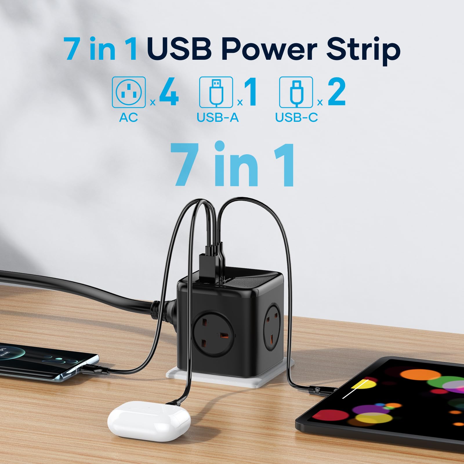 Socket Cube USB C Power Strip with 4 Outlets 3250W and 30W USB C Charging for iPhone 16/15/14, iPad,MacBook, Galaxy, Power Delivery Charging for Game, Dorm Rooms, Home, Office, White