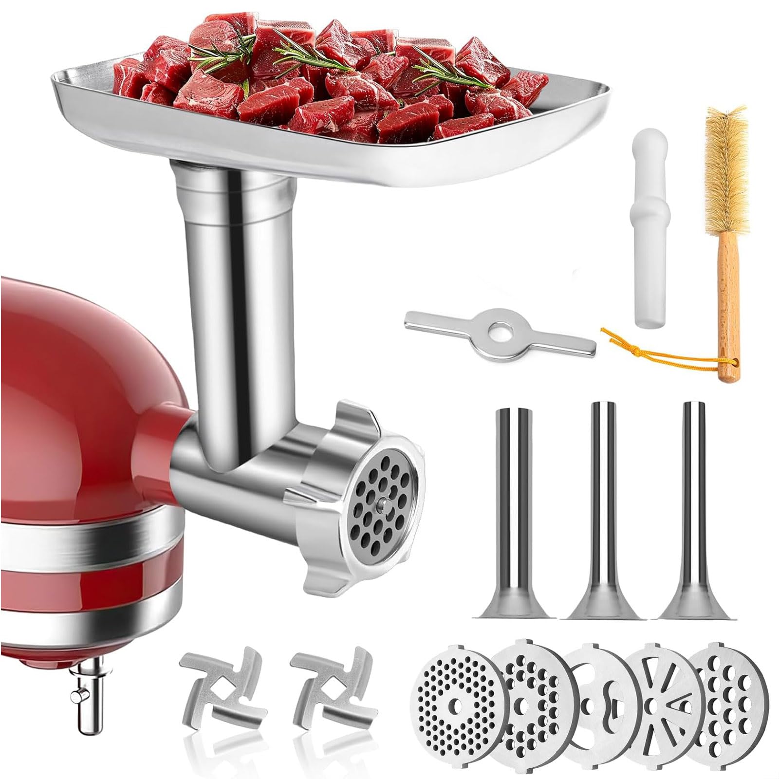HOMGEN Meat Grinder Attachment for All Kitchenaid Stand Mixers - Durable Stainless Steel Food Meat Grinder Attachment Included 3 Sausage Stuffer