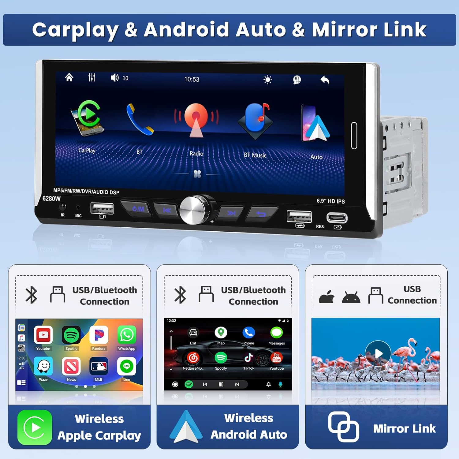 Hikity Single DIN 1DIN Car Stereo Wireless CarPlay & Android Auto 6.9 Inch Touchscreen Car Radio with Bluetooth 5.1 FM Dual USB Ports Type-C + Backup Camera + Remote Control + MIC