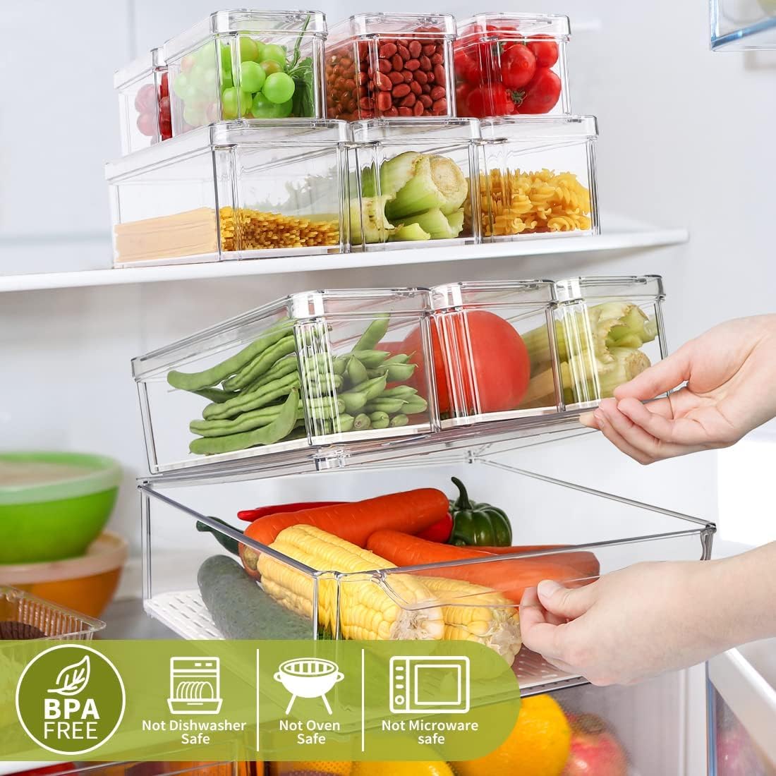 IVODEELA 10 Pack Fridge Organisers with Lids,Stackable Clear Fridge Storage Containers,Refrigerator Organiser With Drain Tray for Vegetable Fruit