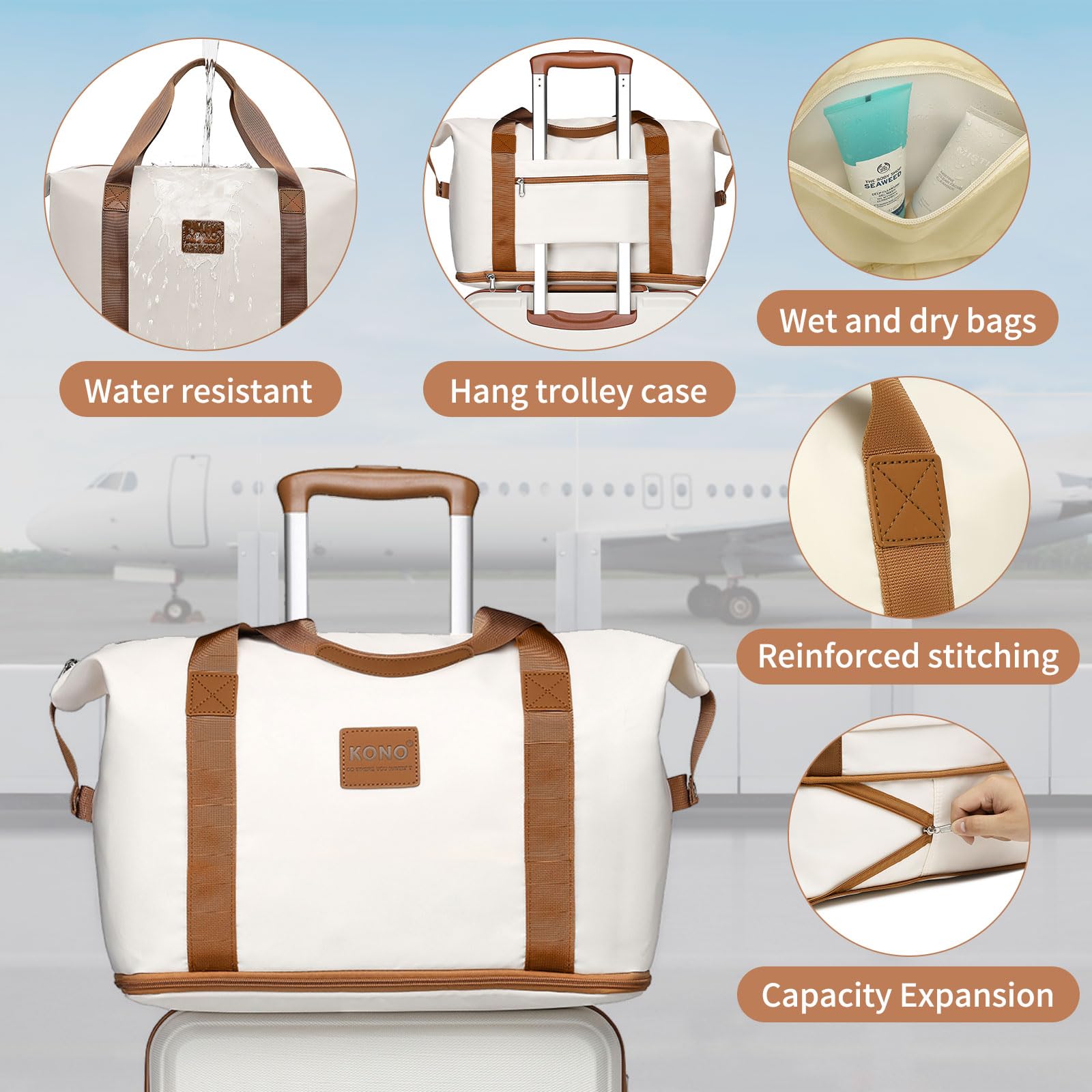 Kono Travel Luggage Sets of 6 Piece Lightweight ABS Hard Shell Trolley Case with TSA Combination Lock 20" 24" 28" Suitcase + 12" Beauty Case + Duffel Bag & Toiletry Bag (Cream White)