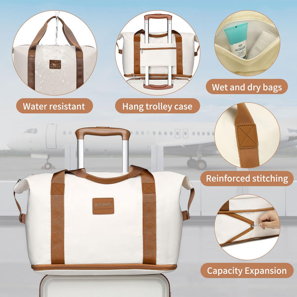 Kono Travel Luggage Sets of 6 Piece Lightweight ABS Hard Shell Trolley Case with TSA Combination Lock 20" 24" 28" Suitcase + 12" Beauty Case + Duffel Bag & Toiletry Bag (Cream White)