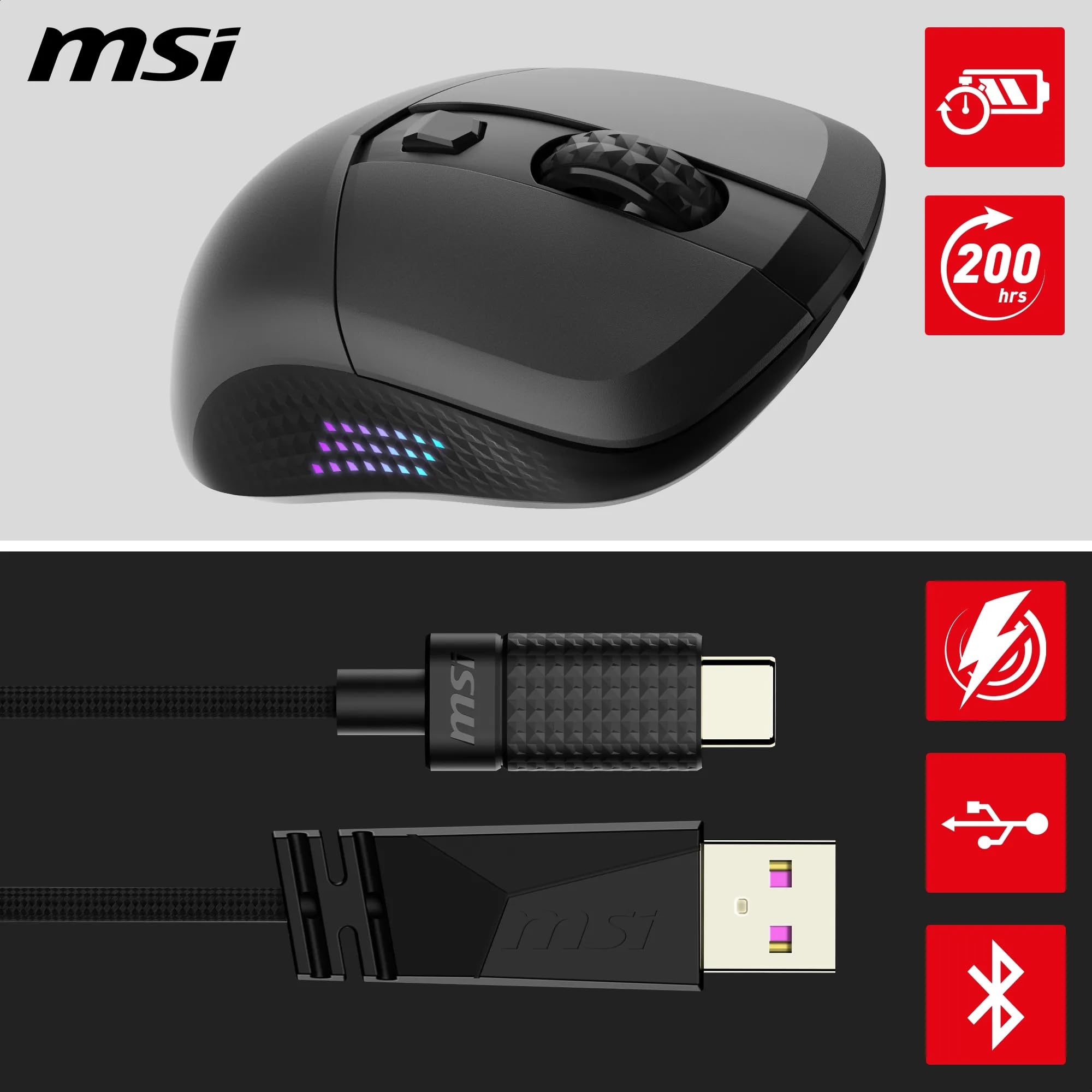 MSI CLUTCH GM51 LIGHTWEIGHT Gaming Mouse - 26000 DPI Optical Sensor, Elite 0.125ms Latency, 60M+ Click OMRON Switches, 6-Buttons, FriXionFree Cable, RGB Diamond LightGrips, 75g - Wired