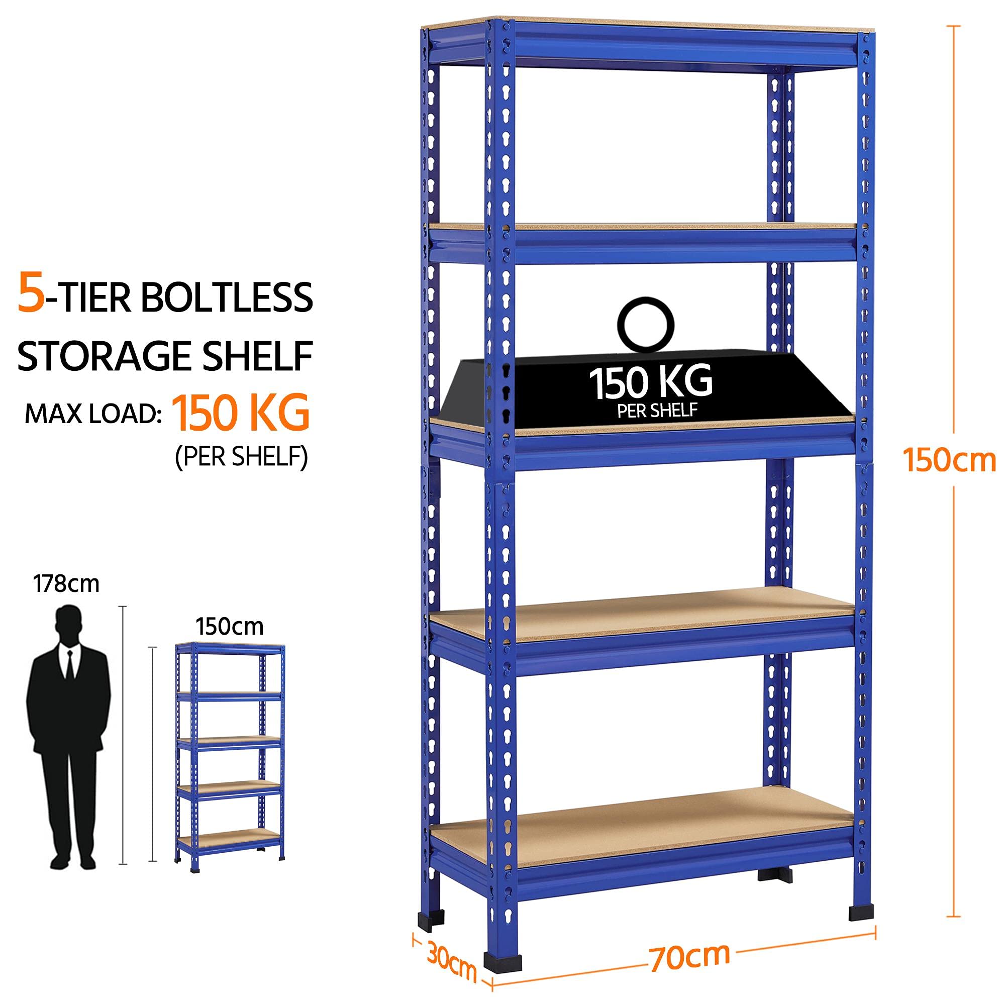 Yaheetech 5 Tier Garage Shelving Units, Heavy Duty Racking shelves, 150KG Per Shelf/750KG Capacity, 70cmx30cmx150cm（LxWxH,Dark Gray