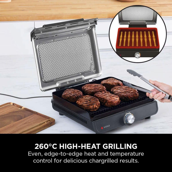 Ninja Sizzle Low Smoke Electric Indoor Grill & Flat Plate, 1460W, with Non-Stick Grill Plate & Flat Top Plate, Detachable Dishwasher Safe Lid, Grease Catch & Recipe Guide, Grey GR101UK
