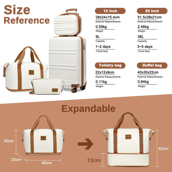 Kono Travel Luggage Sets of 6 Piece Lightweight ABS Hard Shell Trolley Case with TSA Combination Lock 20" 24" 28" Suitcase + 12" Beauty Case + Duffel Bag & Toiletry Bag (Cream White)