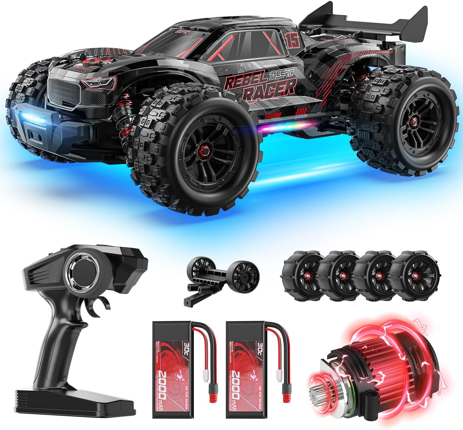 DEERC 1:14 Fast Brushless RC Car for Adults, Max 46+ mph Off-Road Truck, 2 * 3S Lipo 4WD Waterproof, 7 Lighting Modes High Speed Remote Control, All Terrain Truggy for Snow, Sand & Mud