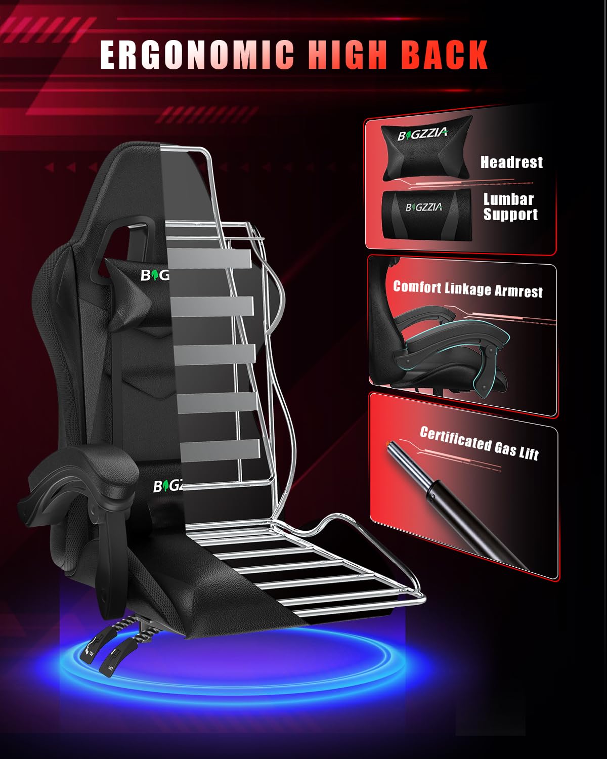 Racingreat Gaming Chair with Led Lights, Video Game Chair, Ergonomic RGB Gaming Chair for Adults, Height Adjustable Reclining Computer Chair with Headrest and Lumbar Support (With RGB, Black)