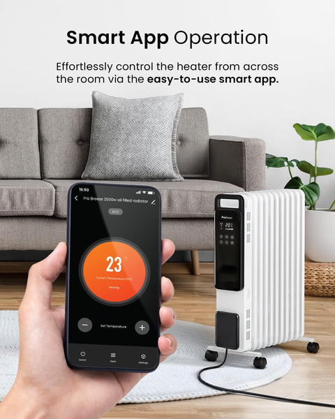 Pro Breeze Smart 2500W 11 Fin Oil Filled Radiator with Digital Display and WiFi Smart App, Thermostat, 24Hr Timer, 3 Heat Modes, Child Lock, Overheat & Tip-Over Protection Oil heater for Home - Black