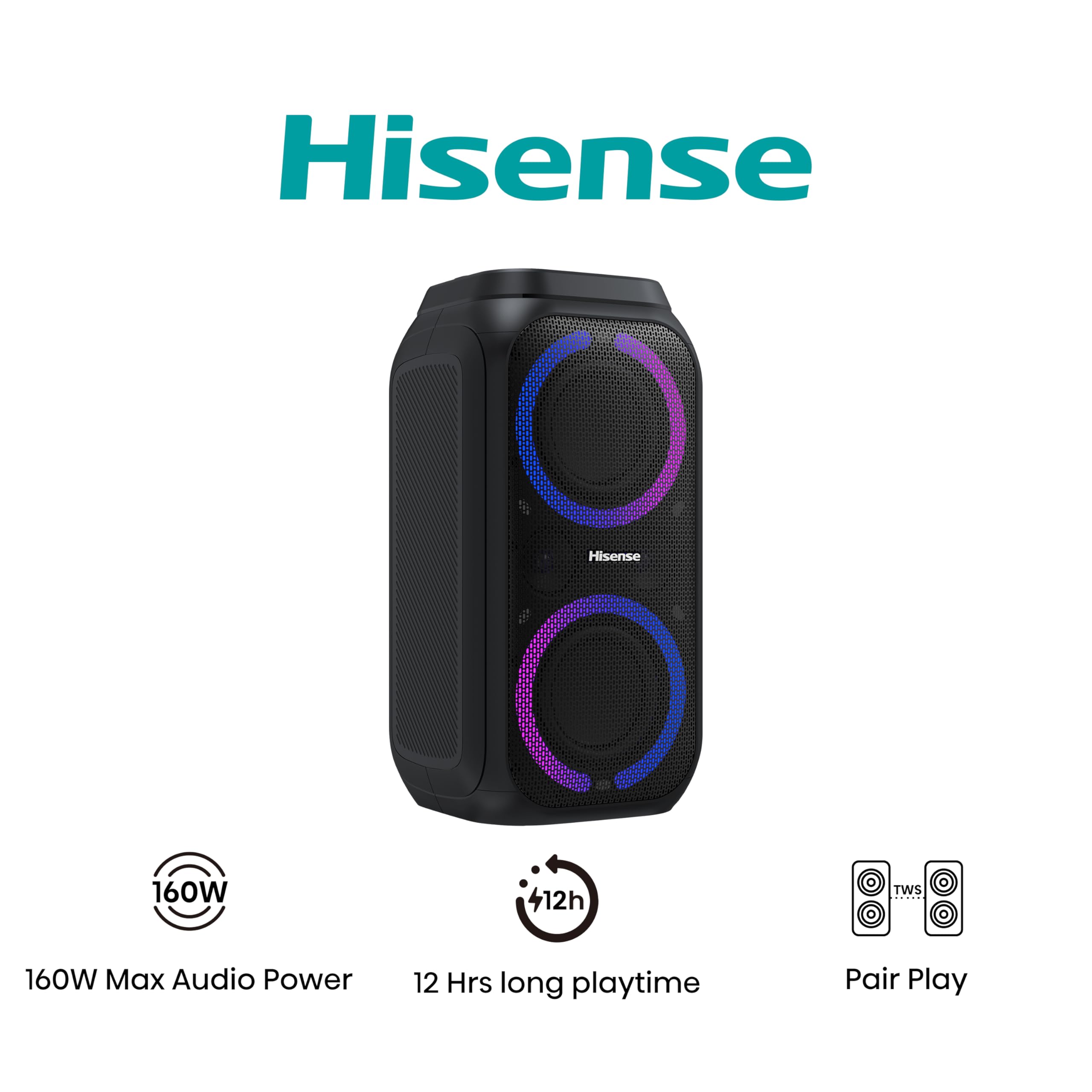 Hisense PARTY STORM, 300W Max Audio Power,15 Hrs long playtime,Karaoke Mode,Lighting effects, Wireless charge the phone, IPX4 Waterproof, Bluetooth 5.0