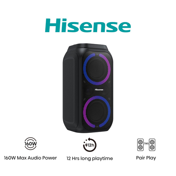Hisense PARTY STORM, 300W Max Audio Power,15 Hrs long playtime,Karaoke Mode,Lighting effects, Wireless charge the phone, IPX4 Waterproof, Bluetooth 5.0