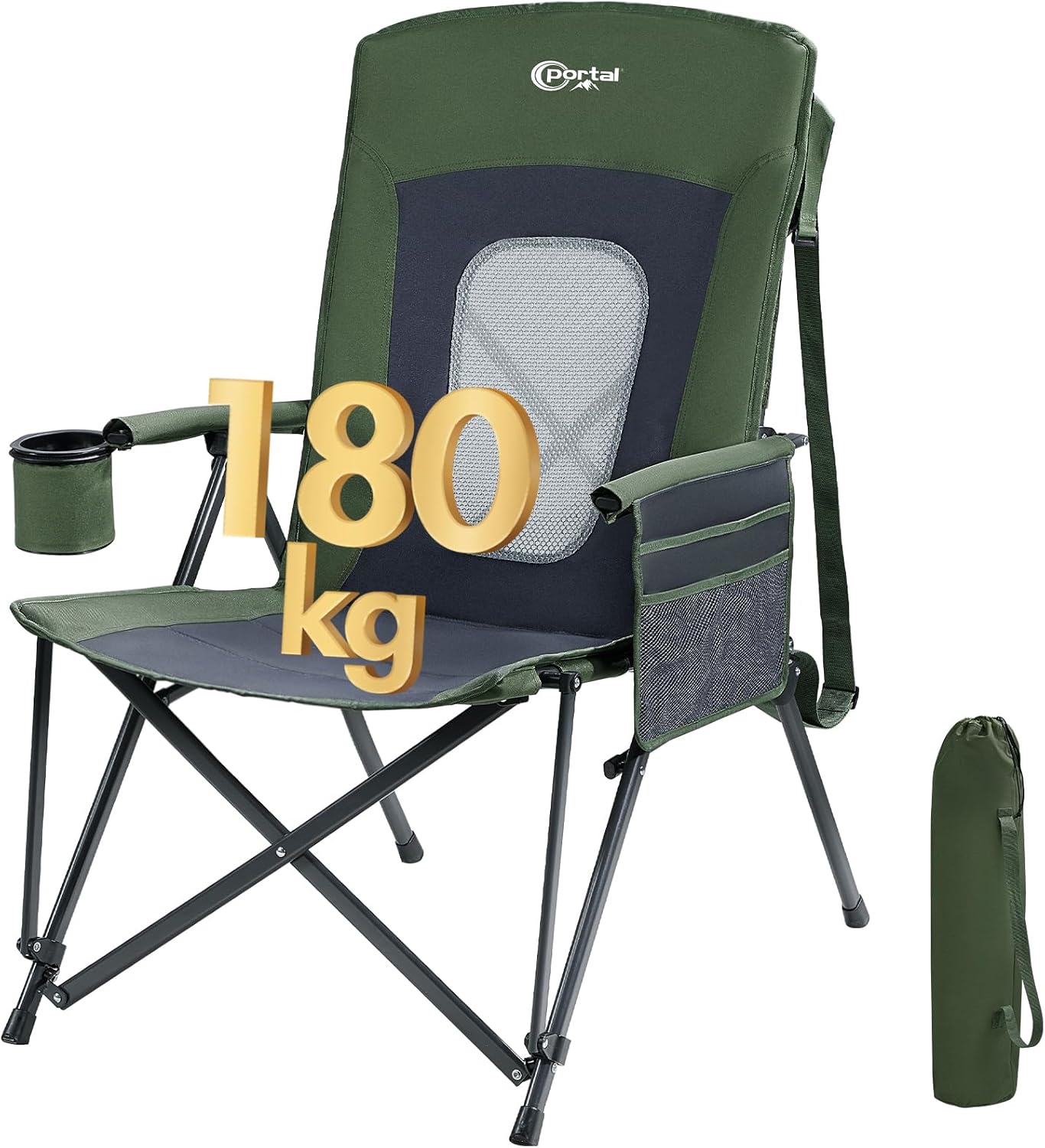 Portal Folding Camping Chair for Adults High Back Heavy Duty 180KG Load Foldable Garden Picnic Festival Collapsible Chair Oversized Hard Armrests Mesh Back Portable for Fishing Beach Patio