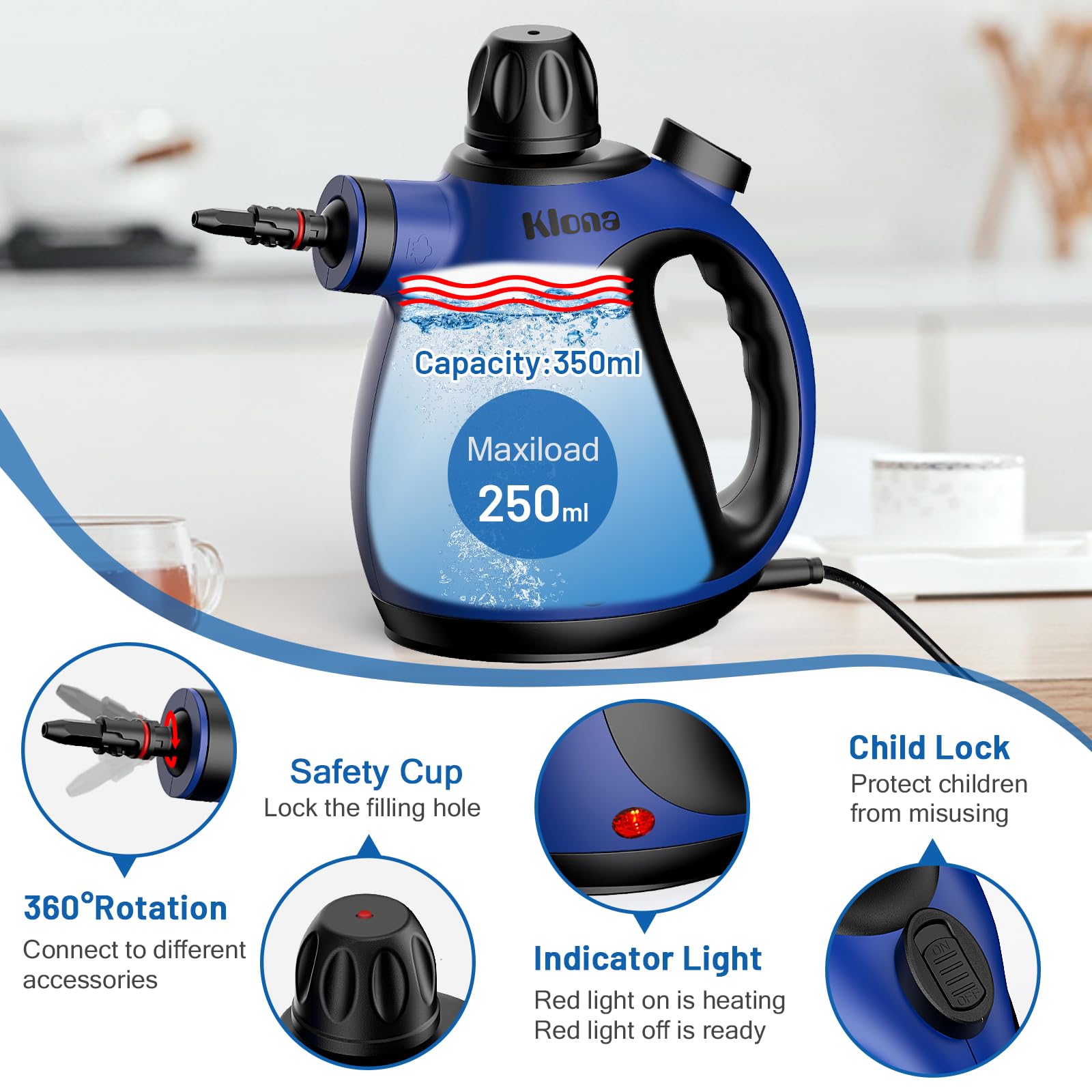 Klona Portable Steam Cleaner, Hand Held steamers for cleaning house, Home Multi Purpose - 10-Piece Accessory Kit for Sofa, Carpets, Upholstery