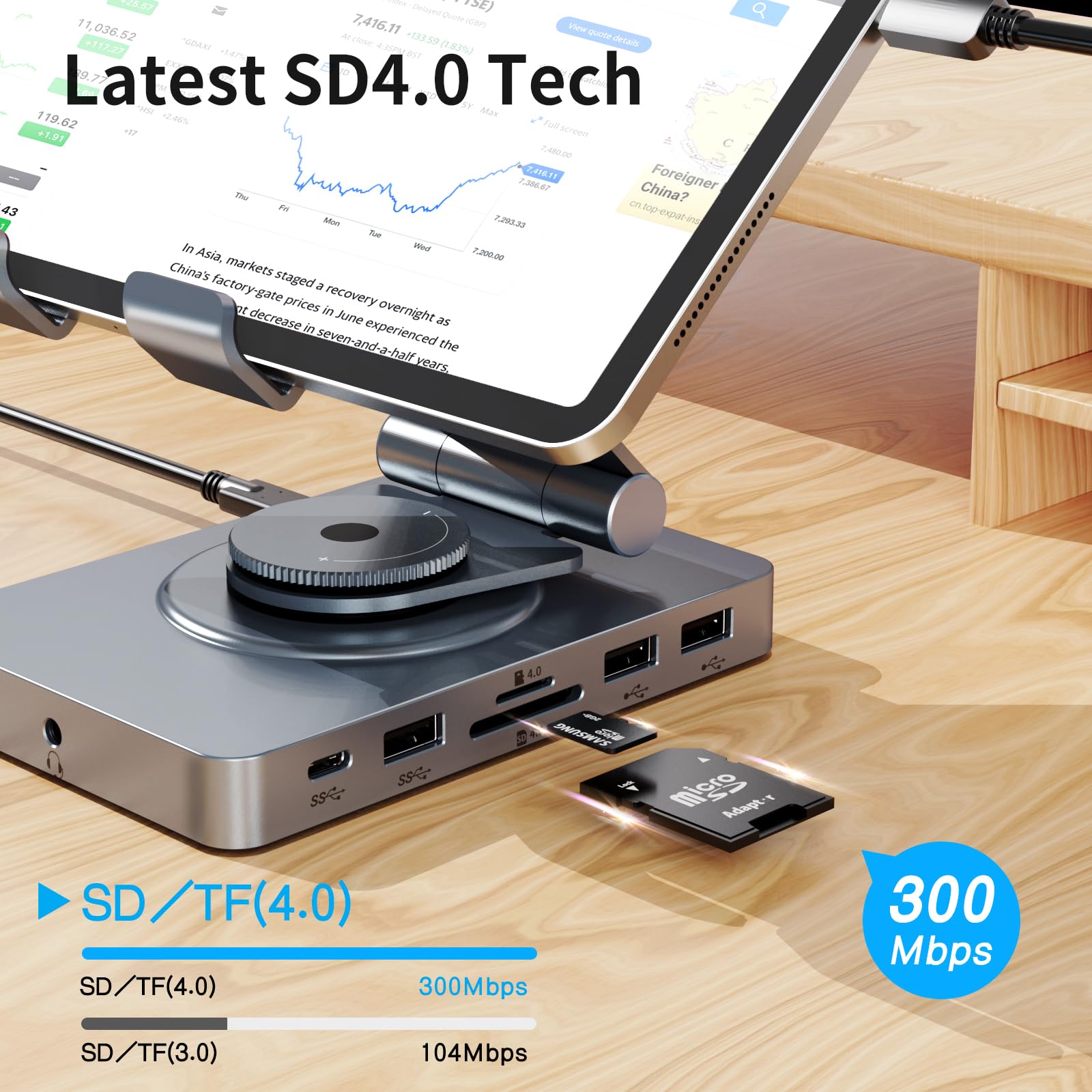 360° Rotating iPad/iPad Pro USB C Docking Station, 11-in-1 with SD TF 4.0 Reader, 4K@60Hz HDMI, RJ45, Audio, USB A, USB C, For Tablet, Steam Deck, ROG Ally, Legion Go, Msi Claw, Samsung, etc