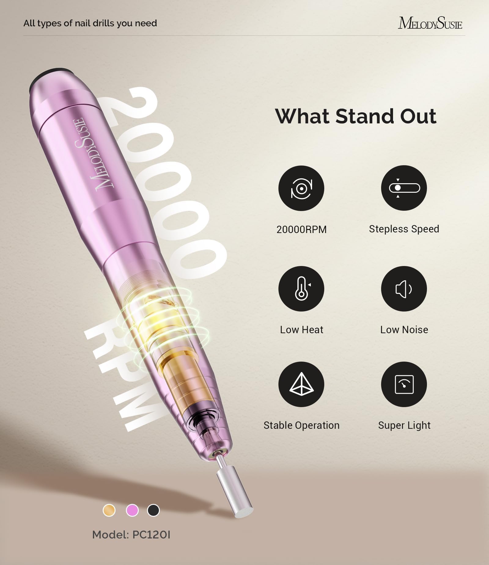 MELODYSUSIE Sheen Electric Nail Files 20000RPM for Beginners, Professional Compact Nail Drill Machine Set for Acrylics Nails, Efile with Nail Clippers Manicure and Pedicure Set, with UK Plug, Gold