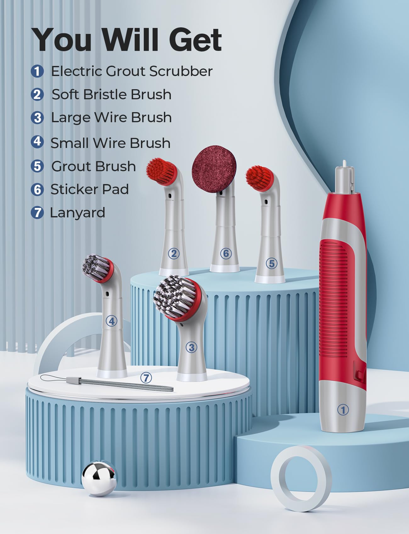 PureSwirlz Electric Cleaning Brush, Battery Operated Power Scrubber with 5 Brush Heads, Stainless Steel Wire Brush, Tile Grout Cleaner Shower Crevice Cleaning Brush for Tile Corner Grout Tight Space