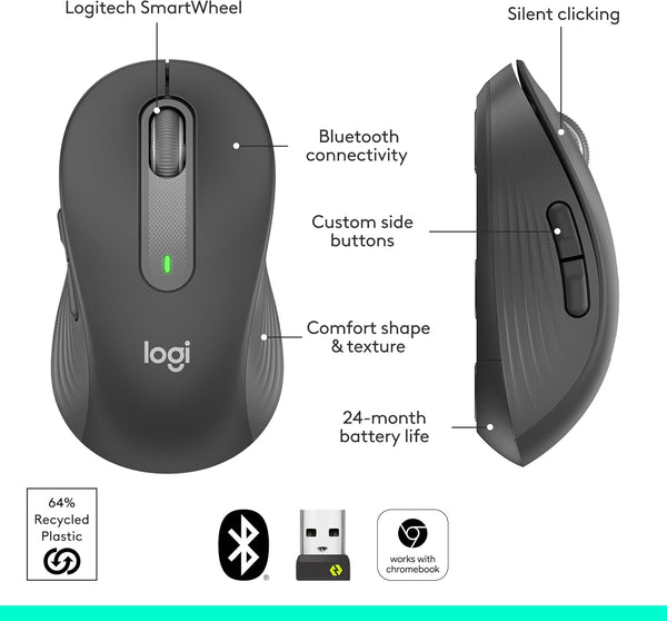 Logitech Signature M650 Wireless Mouse - For Small to Medium Sized Hands, 2-Year Battery, Silent Clicks, Customisable Side Buttons, Bluetooth, for PC/Mac/Multi-Device/Chromebook - Graphite