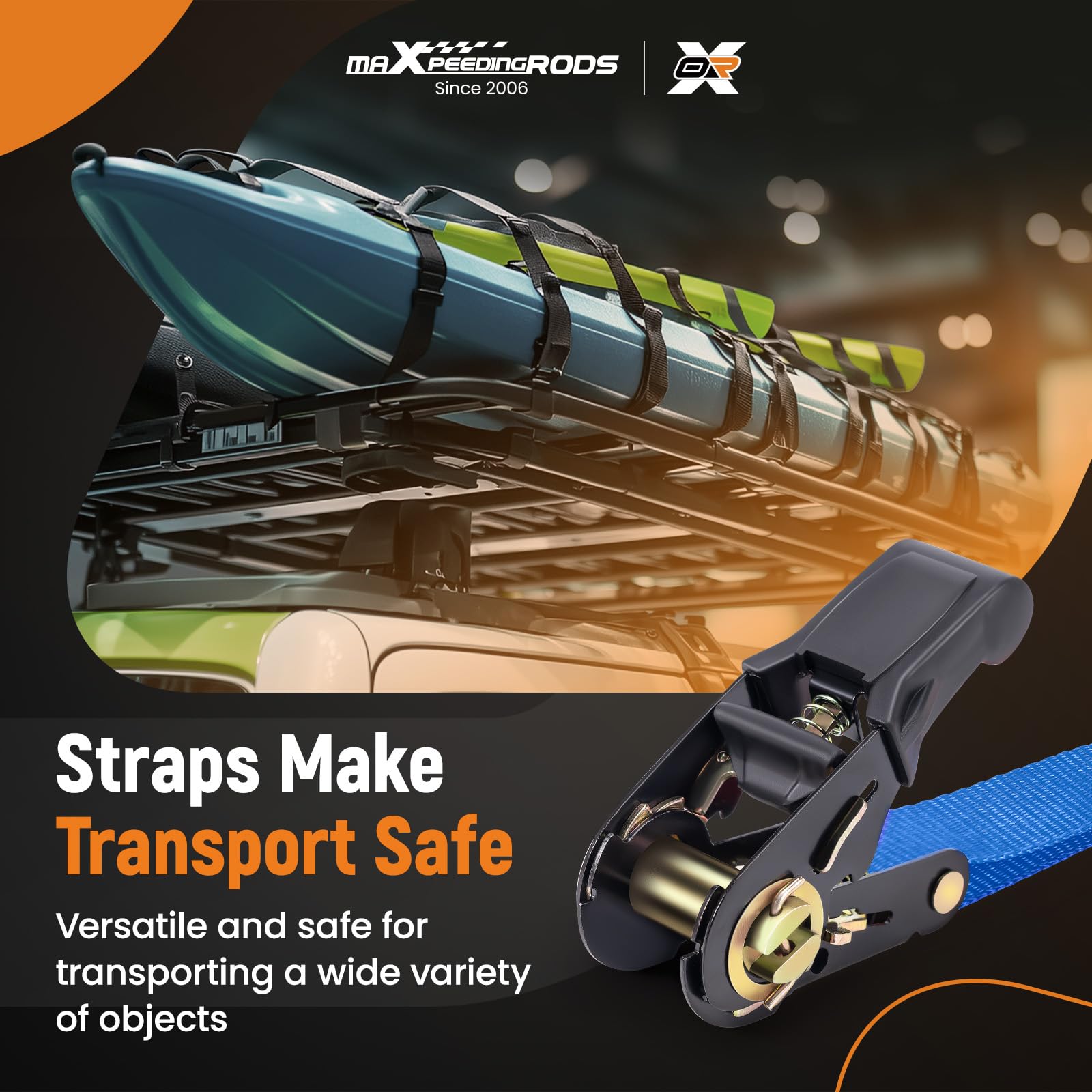 maXpeedingrods 4x 997kg Tie Down Straps 15ft (4.5m), Ratchet Straps 2200lb, Lashing Straps 25mm, Straps with safety clip S-hooks, motorcycle tie down straps, EN 12195-2 - Blue