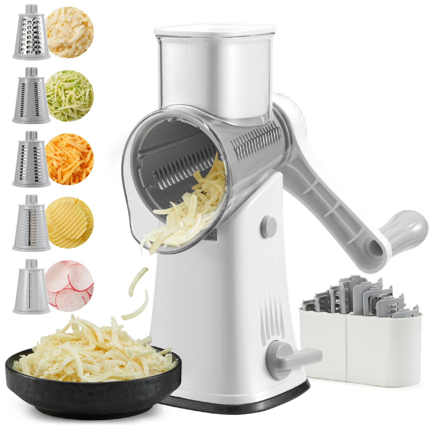 ALEXPHY Rotary Cheese Grater Hand Crank, 5-in-1 Rotary Cheese Grater, Stronger Suction, Easy to Clean Grater for Fruit, Vegetables, Nuts, White