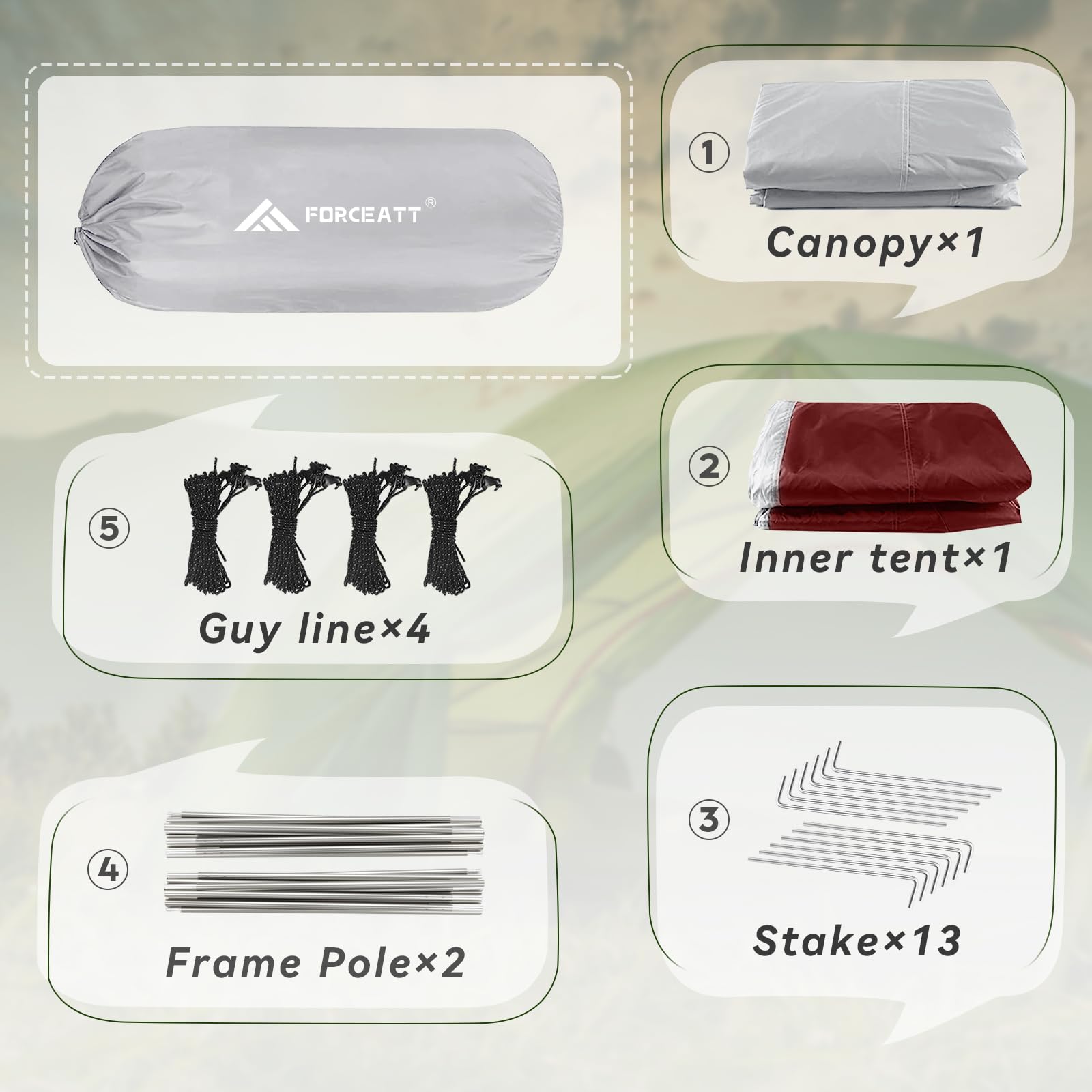 Forceatt Tent, 2-4 Man Tent for Camping, Easy Setup Lightweight Two Doors PU3000mm Waterproof Dome Tent, Windproof Instant Outdoor Tent Suitable for Traveling, Beach, Camping, Hiking, Mountaineering