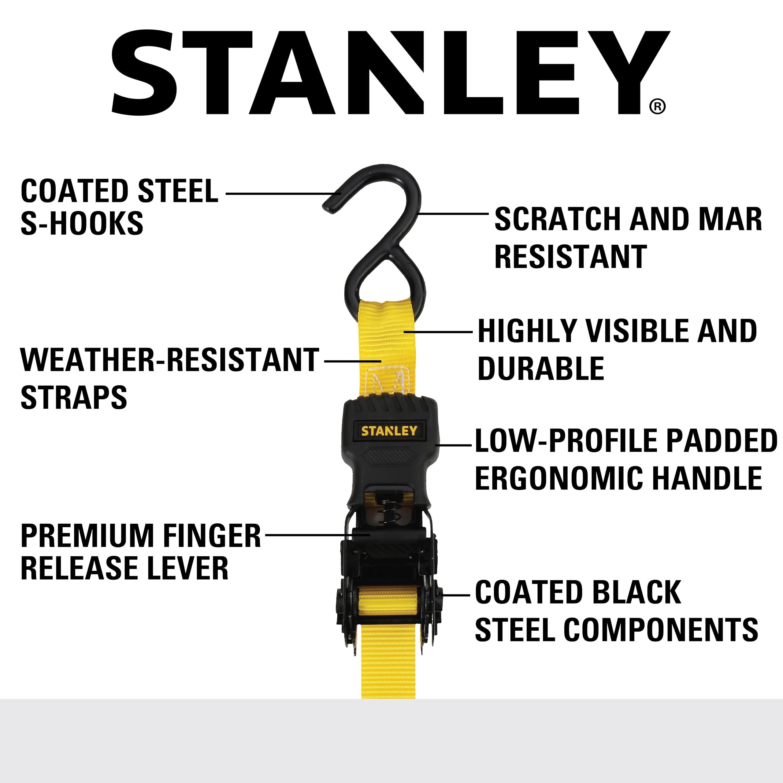 STANLEY S1007 Black/Yellow 1.5" x 16' Ratchet Tie Down Straps - 1,100 lb Safe Working Load / 3,300 lb Break Strength, 2 Pack