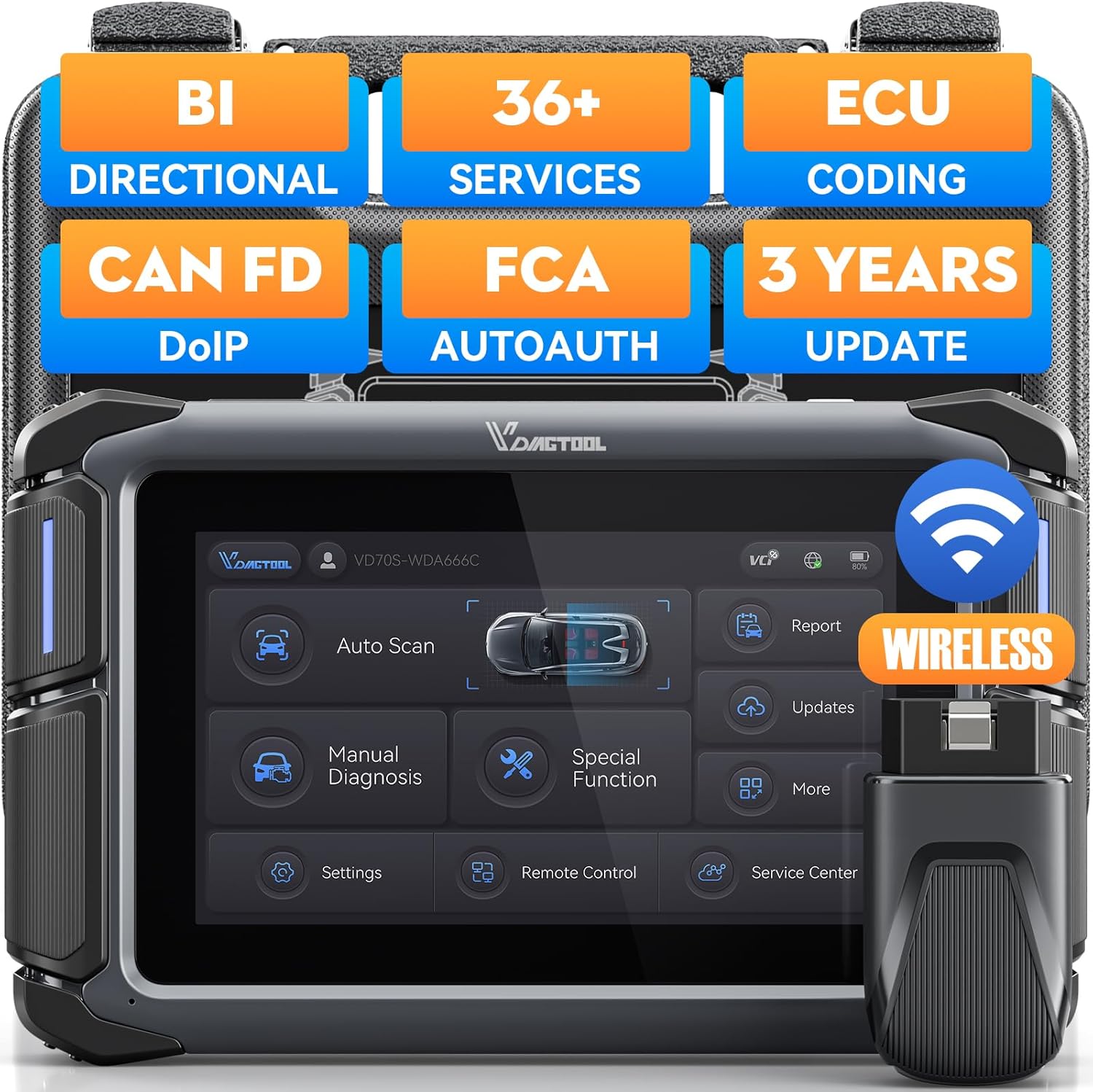 Car Diagnostic Tool VDIAGTOOL VD70S, 2025 Wireless OBD2 Scanner with Bidirectional Control, 36+ Resets, All System Diagnostic, ECU Coding, PMI, FCA Autoauth, CAN FD & DoIP, 3 Years Update