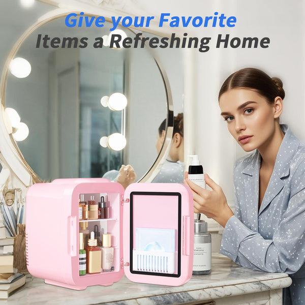 YASHE Mini Fridge for Bedroom, Skincare Fridge with LED Light Mirror, 4L Small Fridge Portable,220V AC/ 12V DC Thermoelectric Warmer & Cooler for Car Office Dorm(Blue)