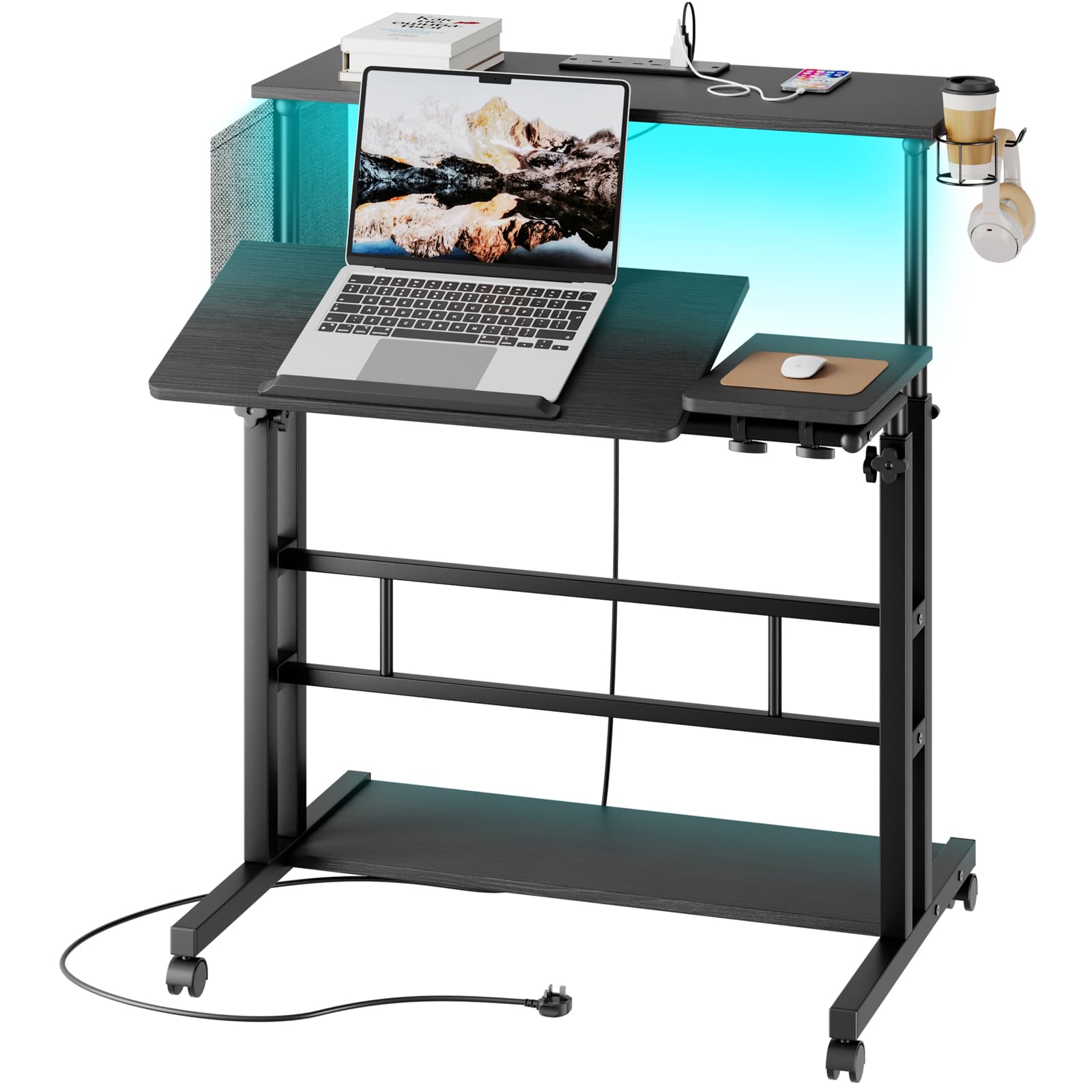 Dripex Mobile Standing Desk with Power Outlets & Strip Lights, Height Adjustable Desk With Cup Holder, Hook, Storage Bag, Rolling Sit-Stand Computer