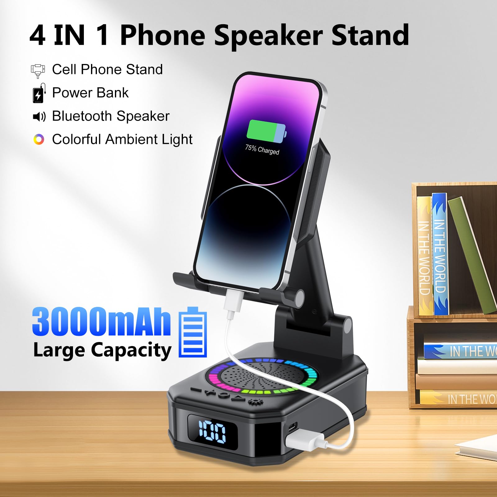 Gifts for Men Women, Phone Stand with Bluetooth Speaker, Anti-Slip Base, 4-in-1 Design with RGB, Foldable Phone Charger Stand with Wireless Speaker, Ideal for Dad Mom, Tech Gadget Stocking Fillers