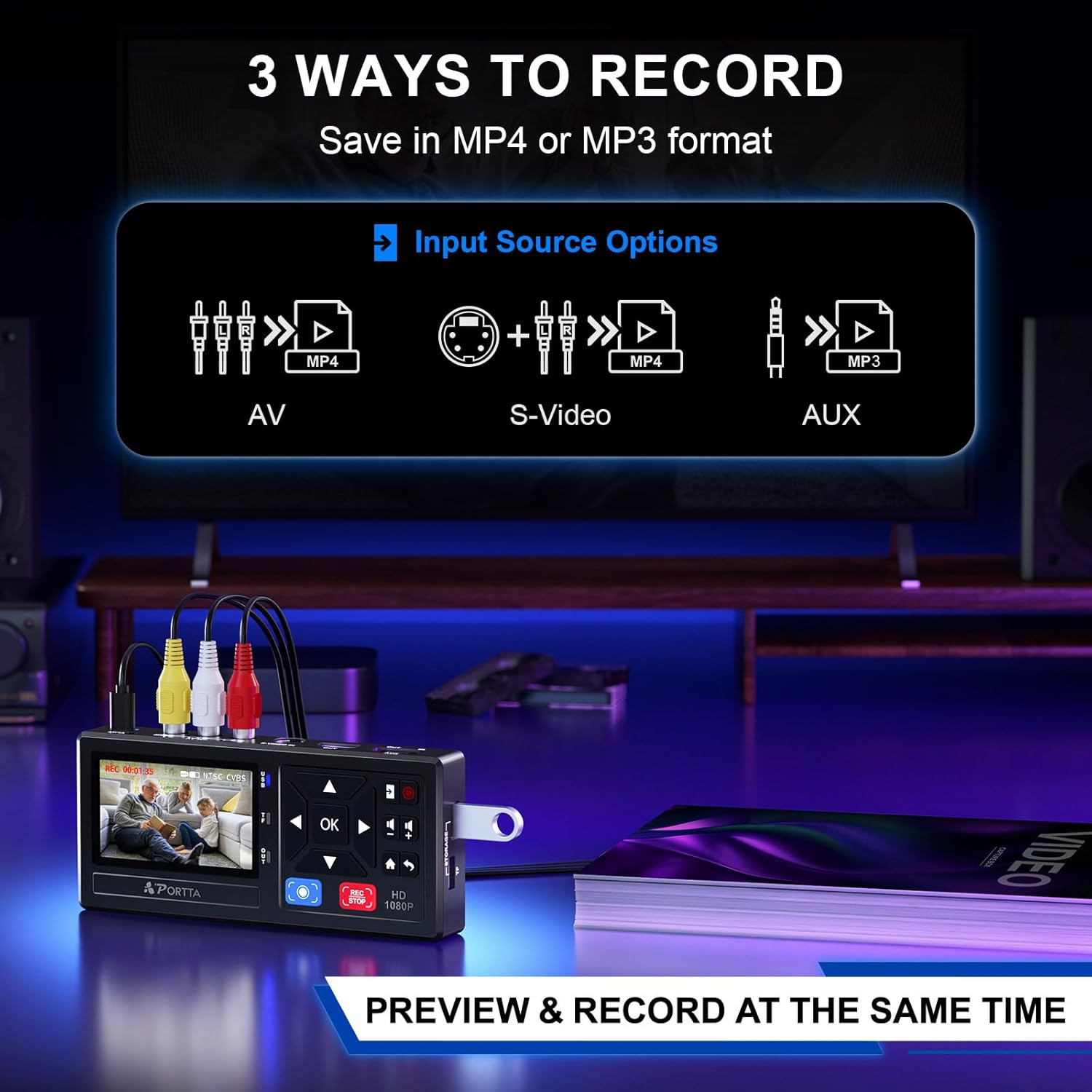 PORTTA VHS to Digital Converter, Video to Digital Recorder with Remote, Compatible with VHS, VCR, DVR, DVD, Hi8, Mini DV Players, Camcorder, Gaming Consoles (VHS/Tapes/DVD Player Not Included)