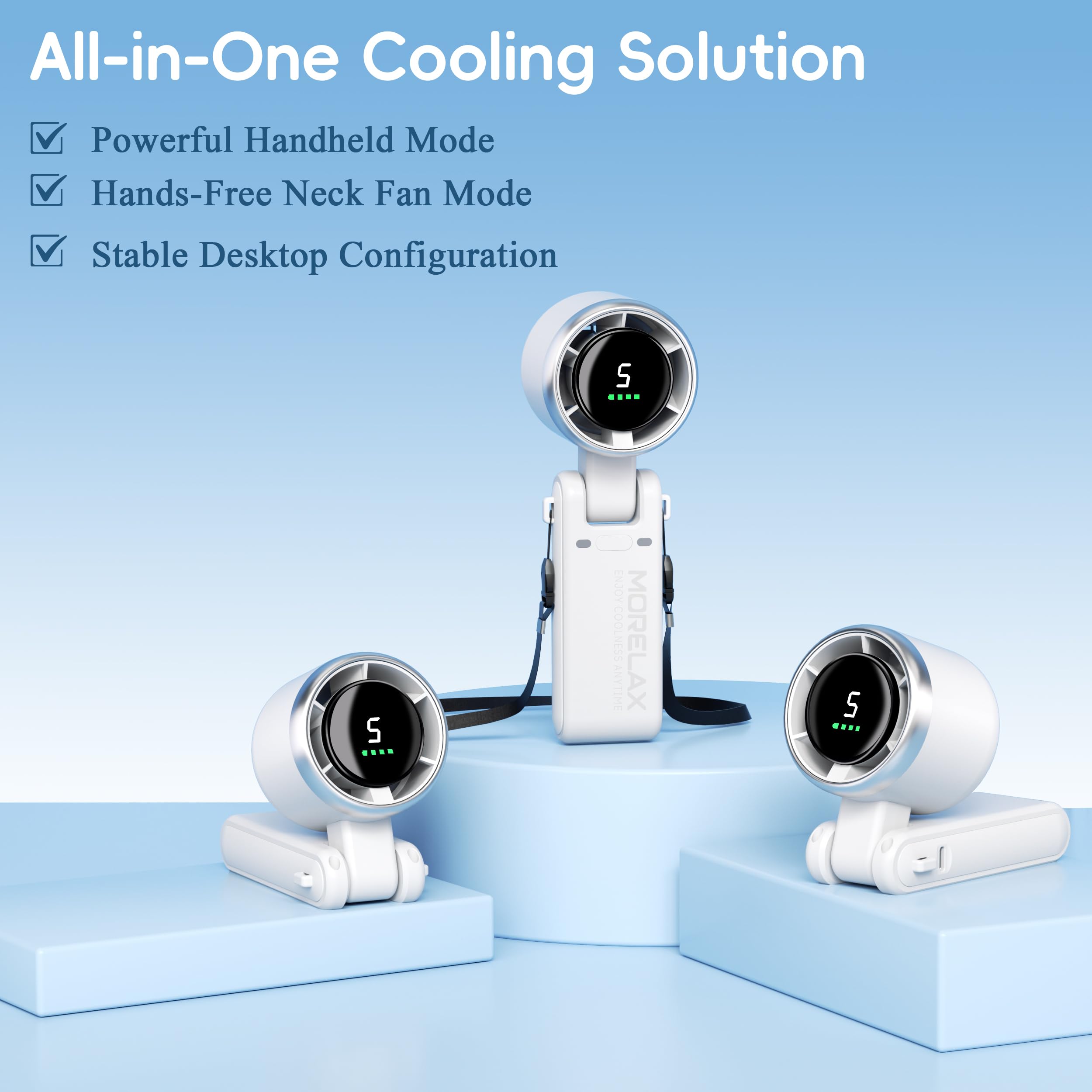 Morelax Personal Handheld Fan,High-Speed Turbo Fans,5-Speed with LED Display,Powerful Motor,4000mAh,USB Rechargeable Portable Cooling Fan for Outdoor Activities,Travel,Working,White